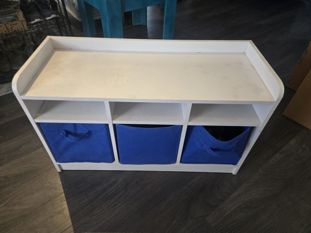 White Storage Shelf with Blue Bins - photo 2