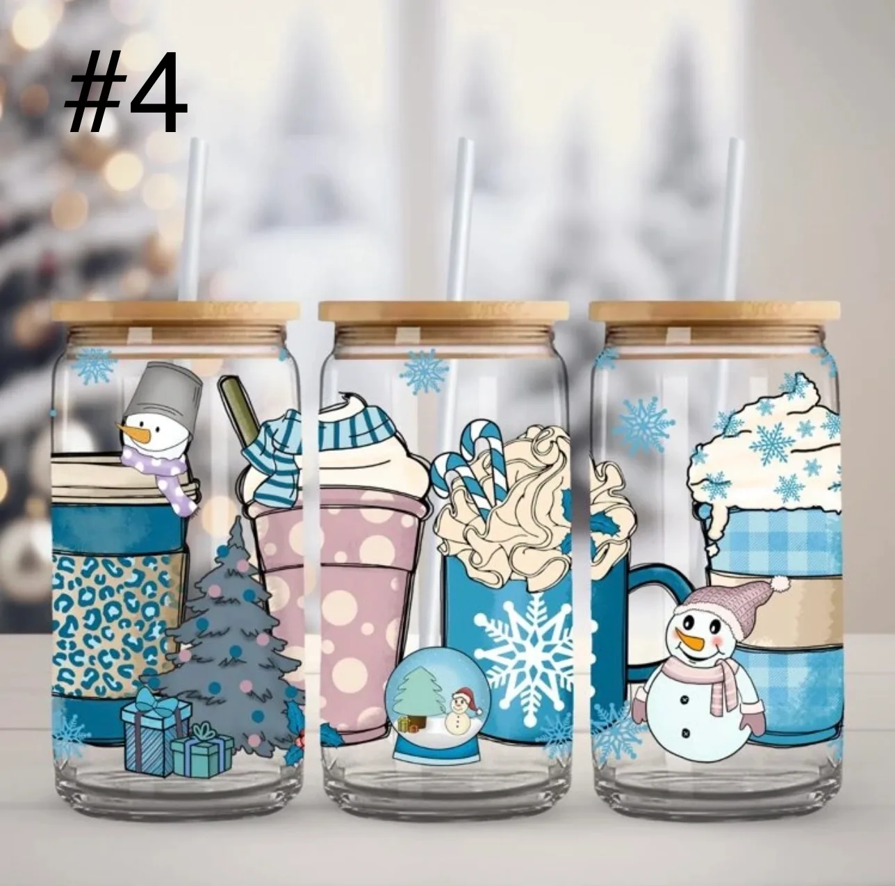 Christmas Themed Glass Tumblers with Straw and Bamboo Lid image indicator(2)