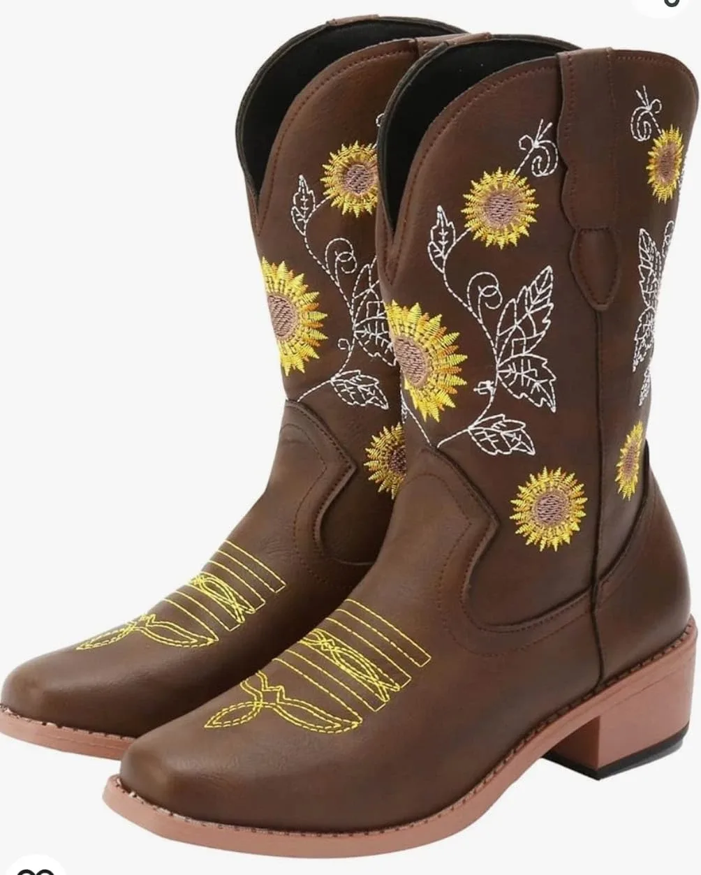 Brown Sunflower Embroidered Cowboy Boots thumbnail