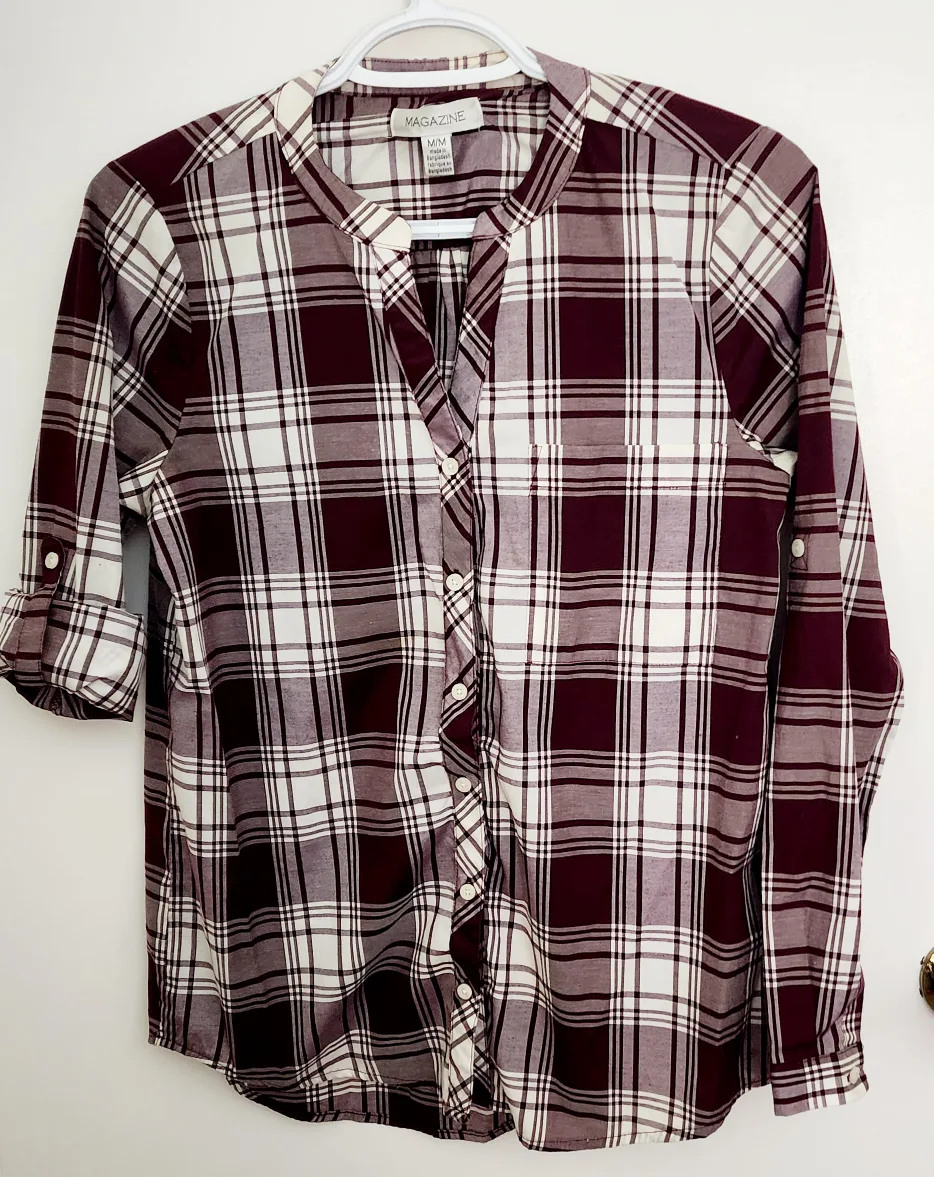 Burgundy and White Plaid Button Up Shirt thumbnail