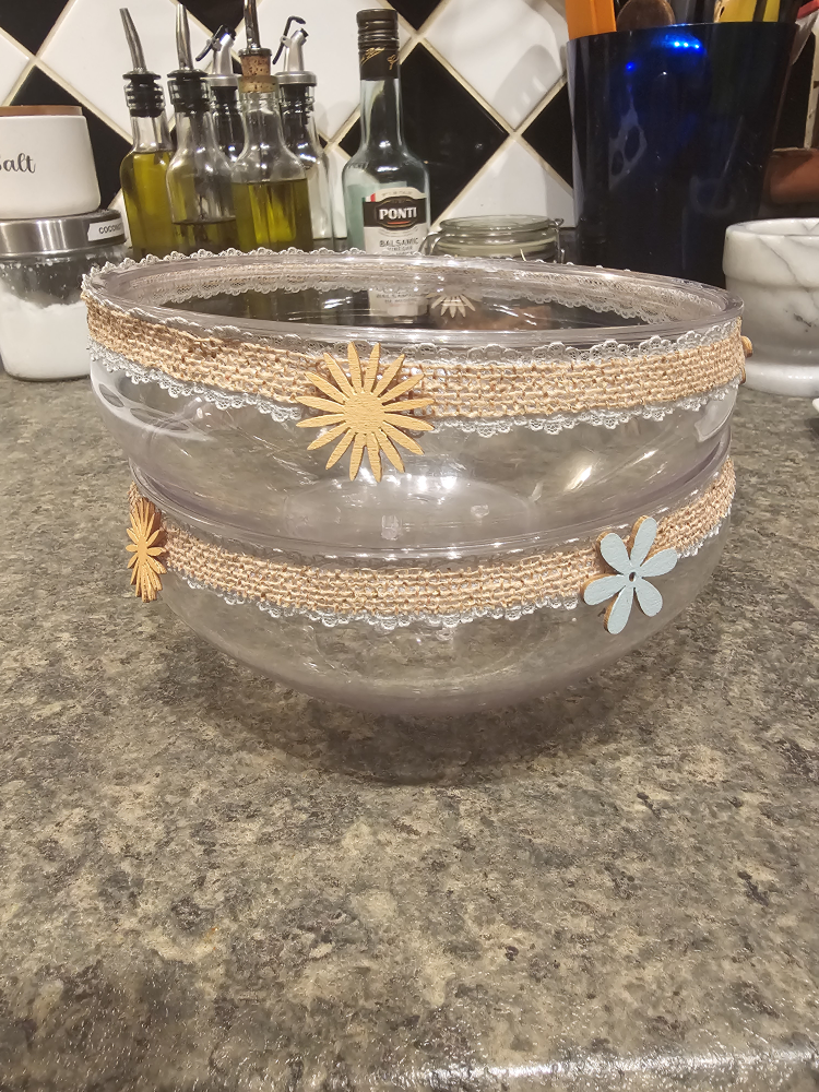 Two Clear Plastic Bowls with Burlap and Flower Decor