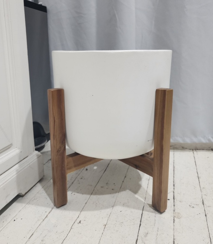 White Pottery Barn Planter with Wooden Stand, 14' wide