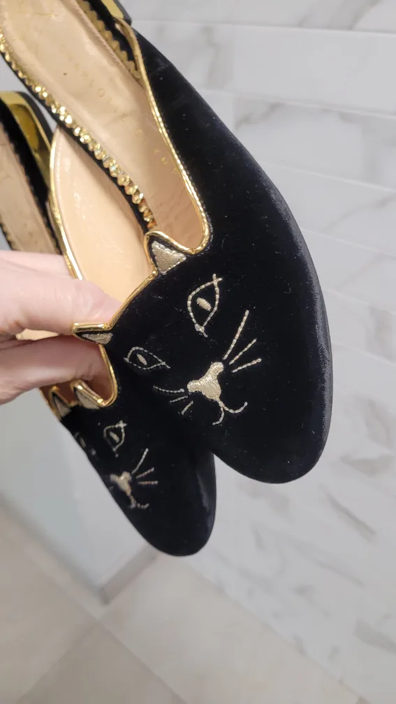 Authentic Charlotte Olympia Black Velvet Kitten Mules image indicator(9)