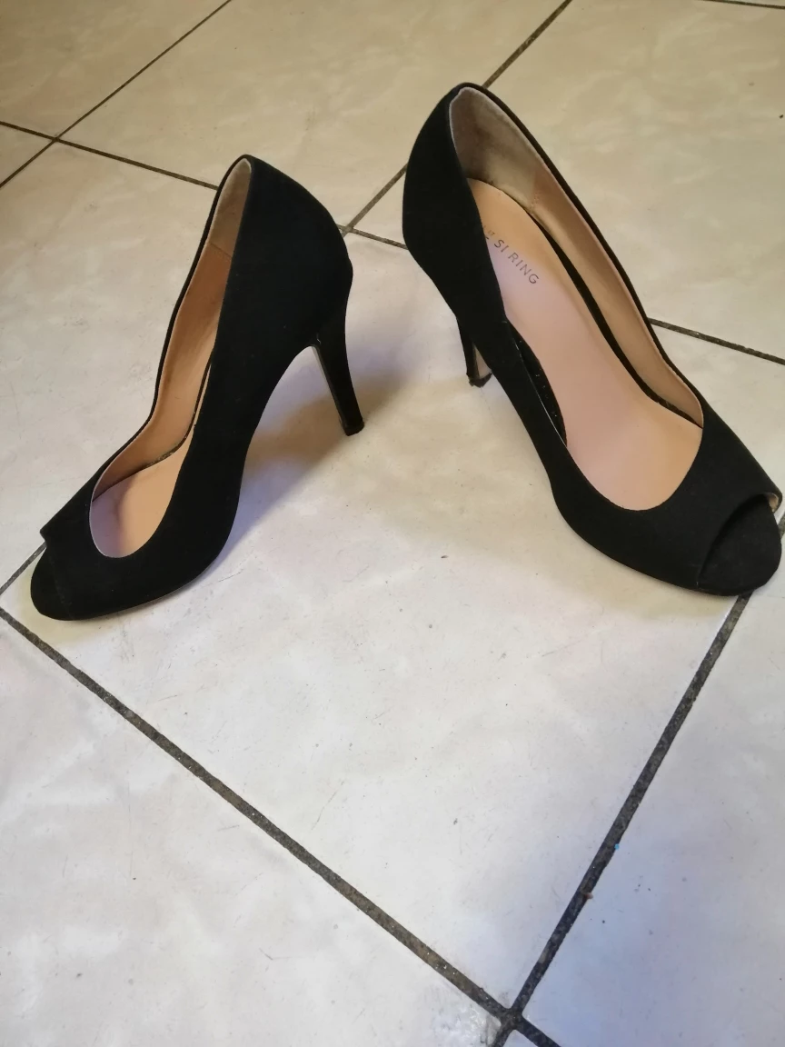 Black Suede Peep Toe Heels