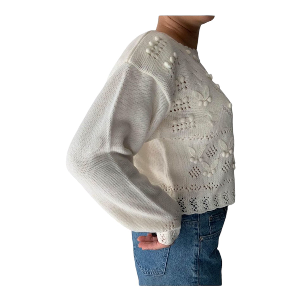 Vintage 80s Retro Cream Crochet Floral Sweater - photo 3