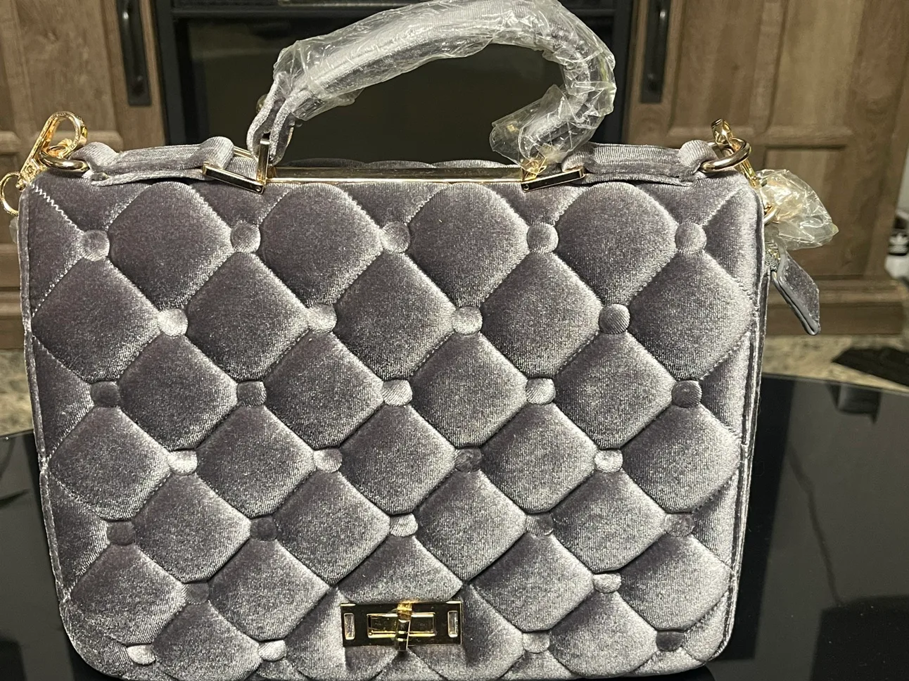 (NEW) Grey Velvet Chain Strap Purse image indicator(3)