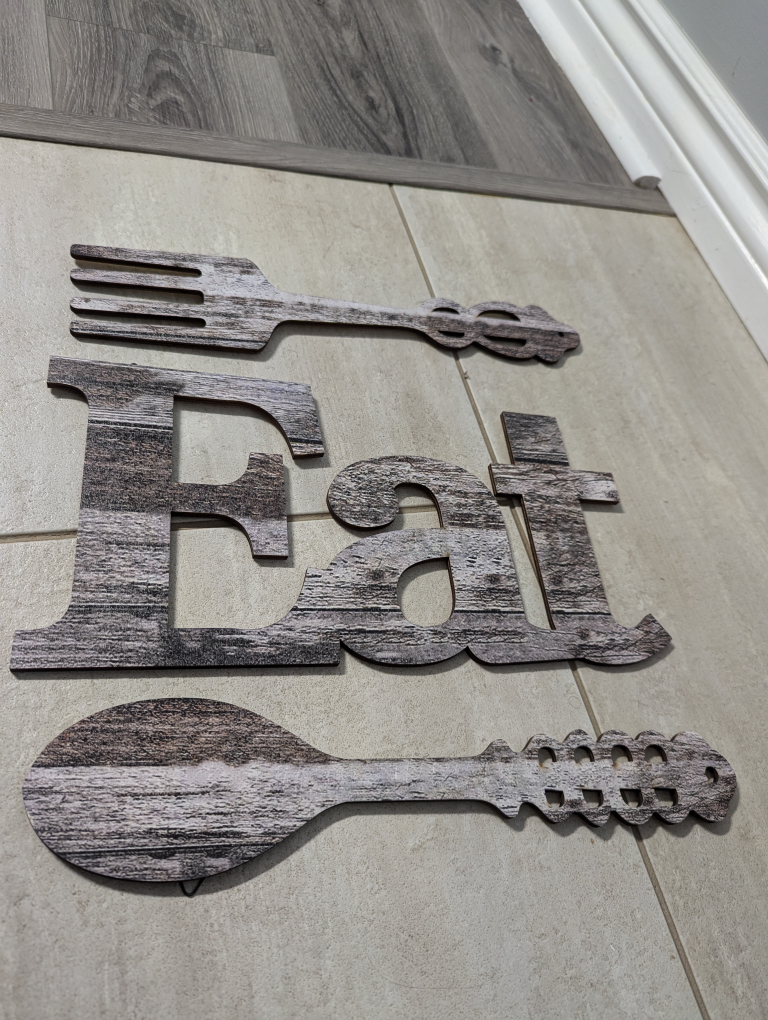 Wooden Eat Sign with Fork and Spoon