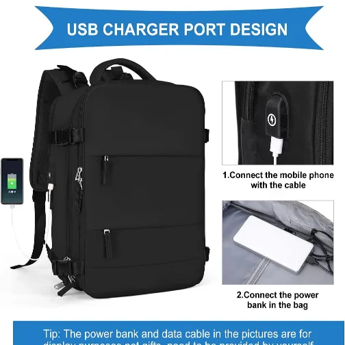 Black Travel Backpack with USB Port image indicator(4)