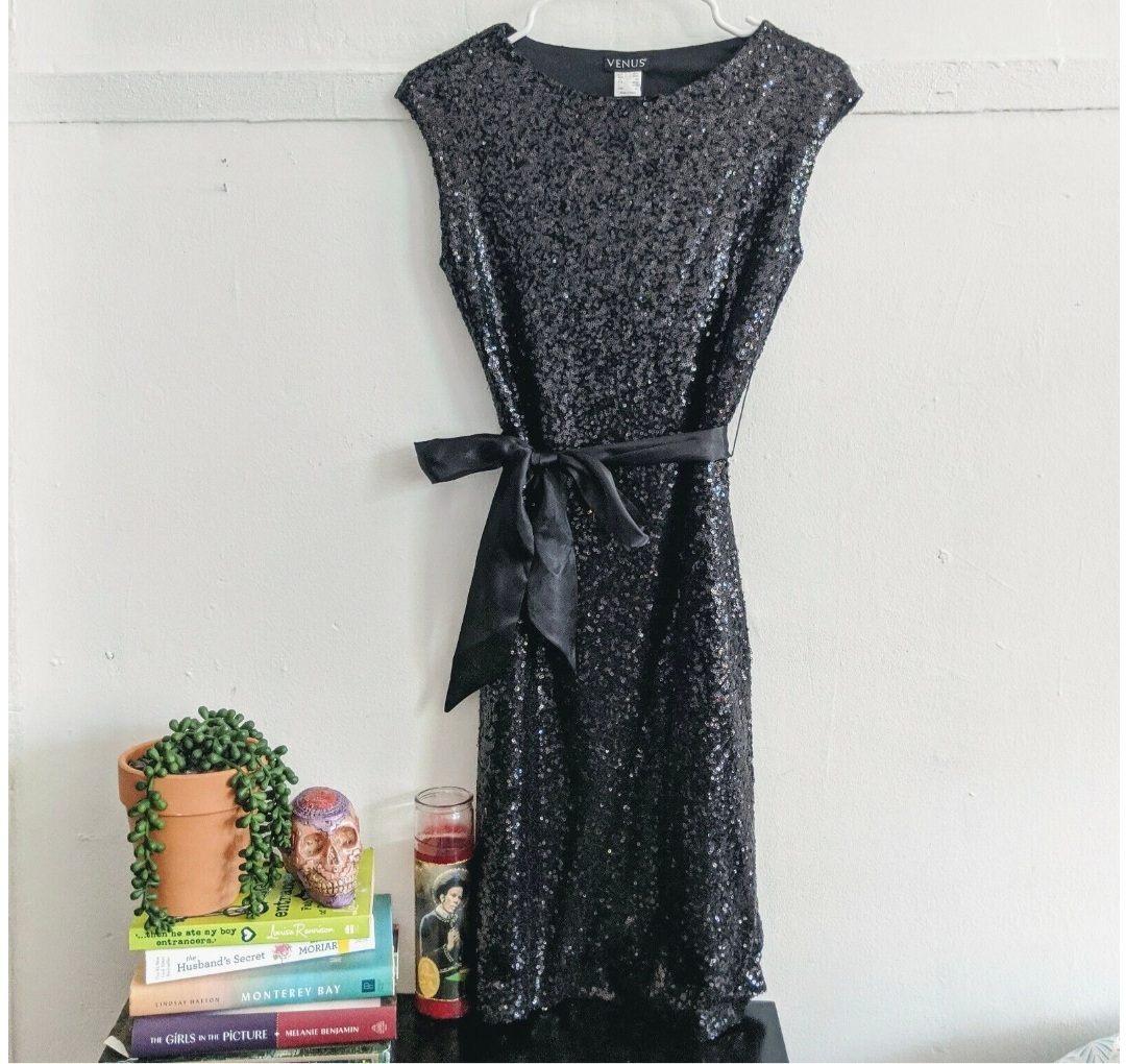 Black Sequin Dress with Satin Tie