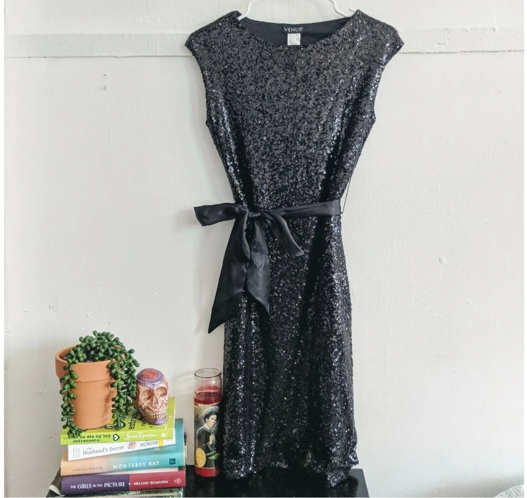 Black Sequin Dress with Satin Tie thumbnail