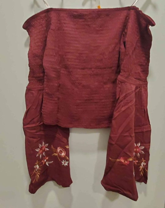 Burgundy Off the Shoulder Top with Floral Embroidery