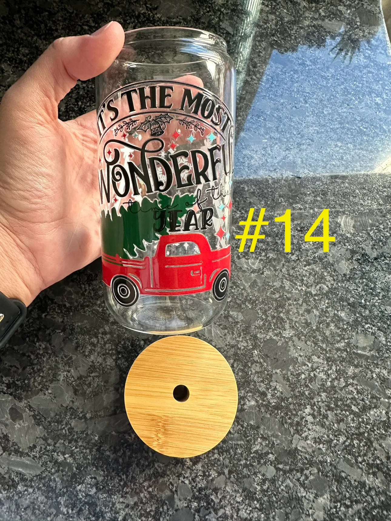 Christmas Themed Glass Tumblers with Straw and Bamboo Lid image indicator(10)