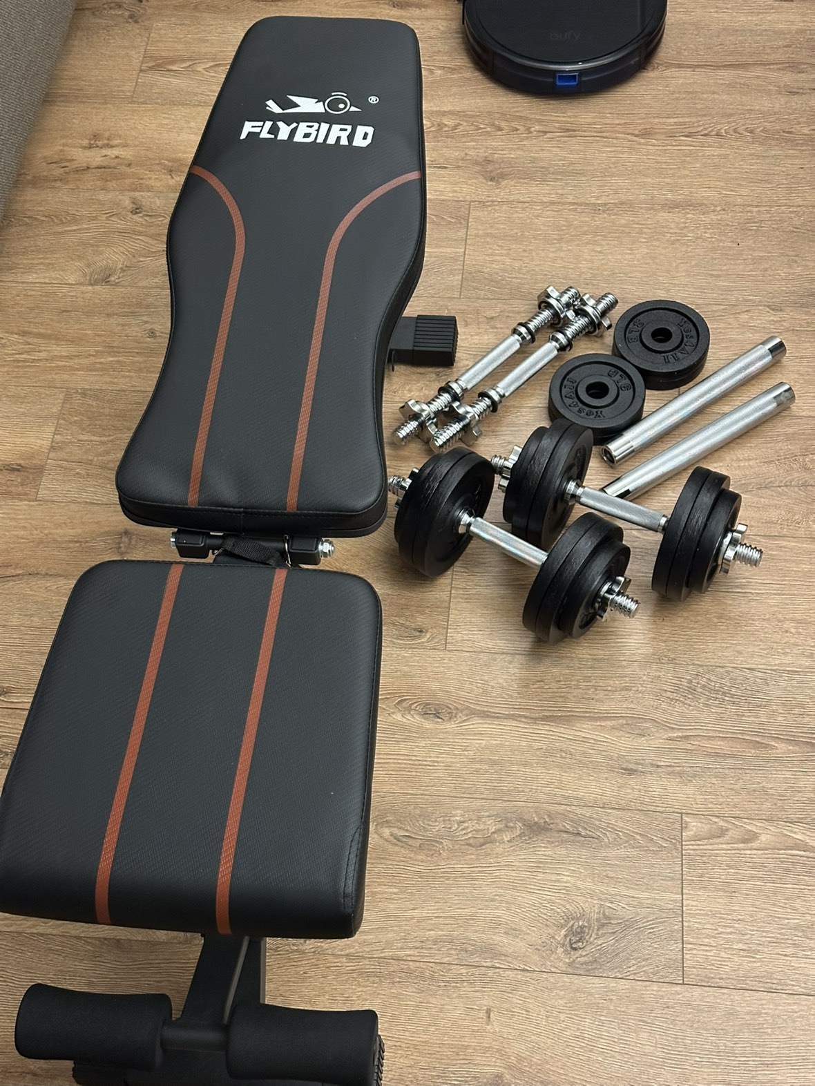 Dumbbells and bench press. 2 sets * 55 lb
