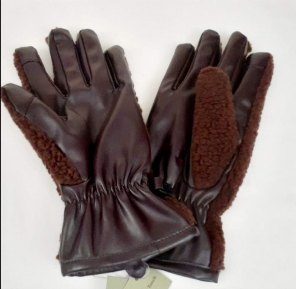 Brown Faux Leather Gloves with Fleece Lining