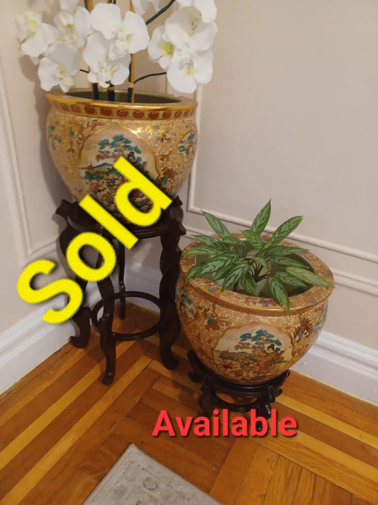 🪴Antique Satsuma LARGE Porcelain Planter Fishbowl w/ stands  🪴 image indicator(3)