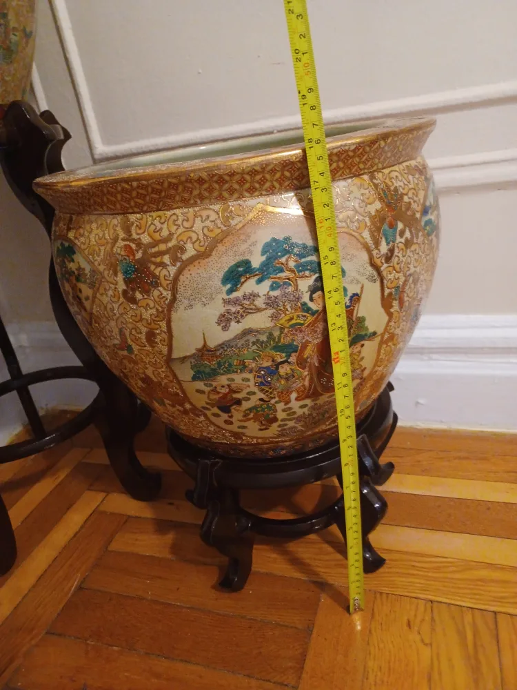 �🪴Antique Satsuma LARGE Porcelain Planter Fishbowl w/ stands  🪴 image indicator(8)