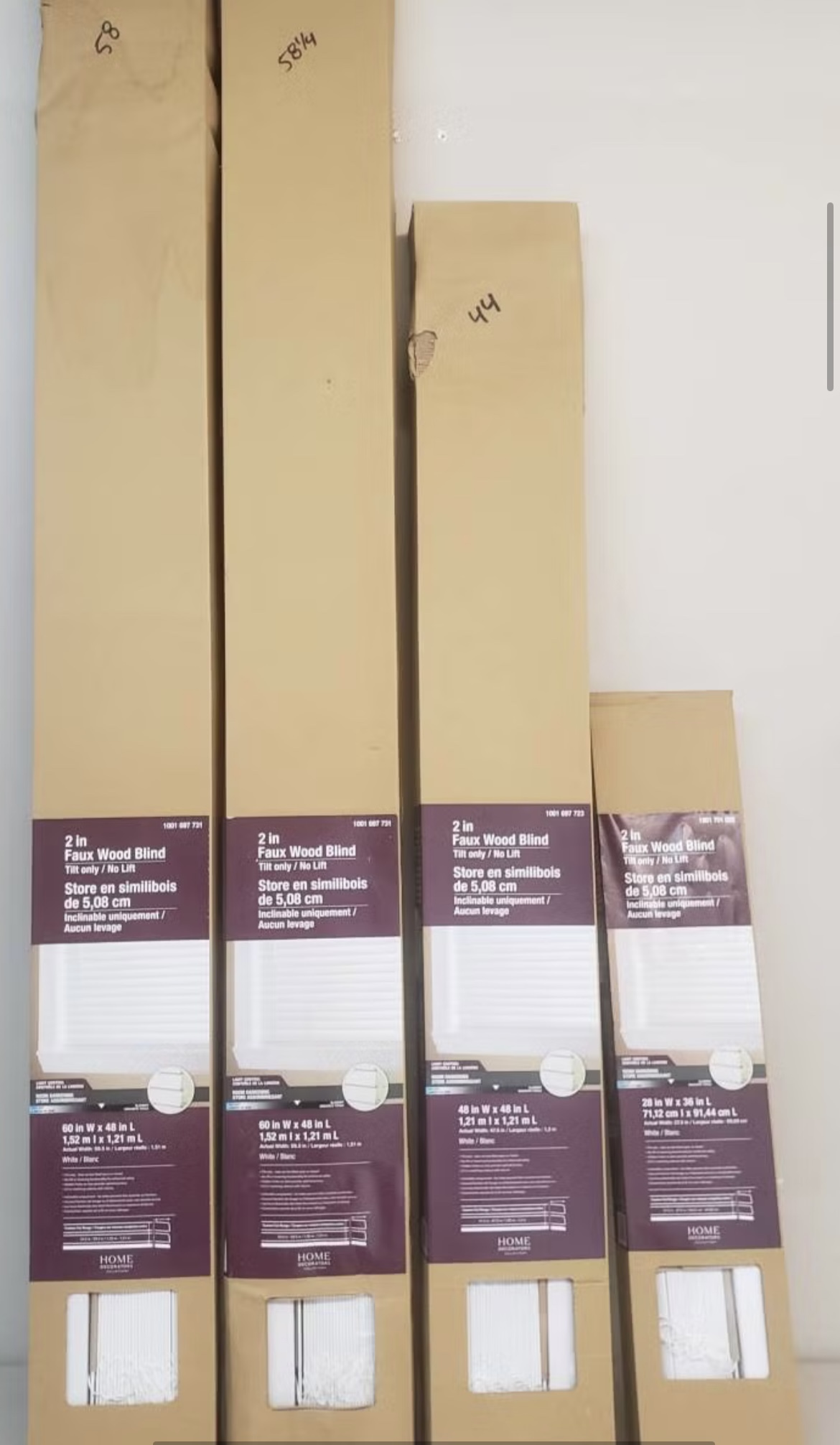 4 New Faux Wood Blinds 2" Tilt Only - 58.25", 58", 44", 28’ - photo 2