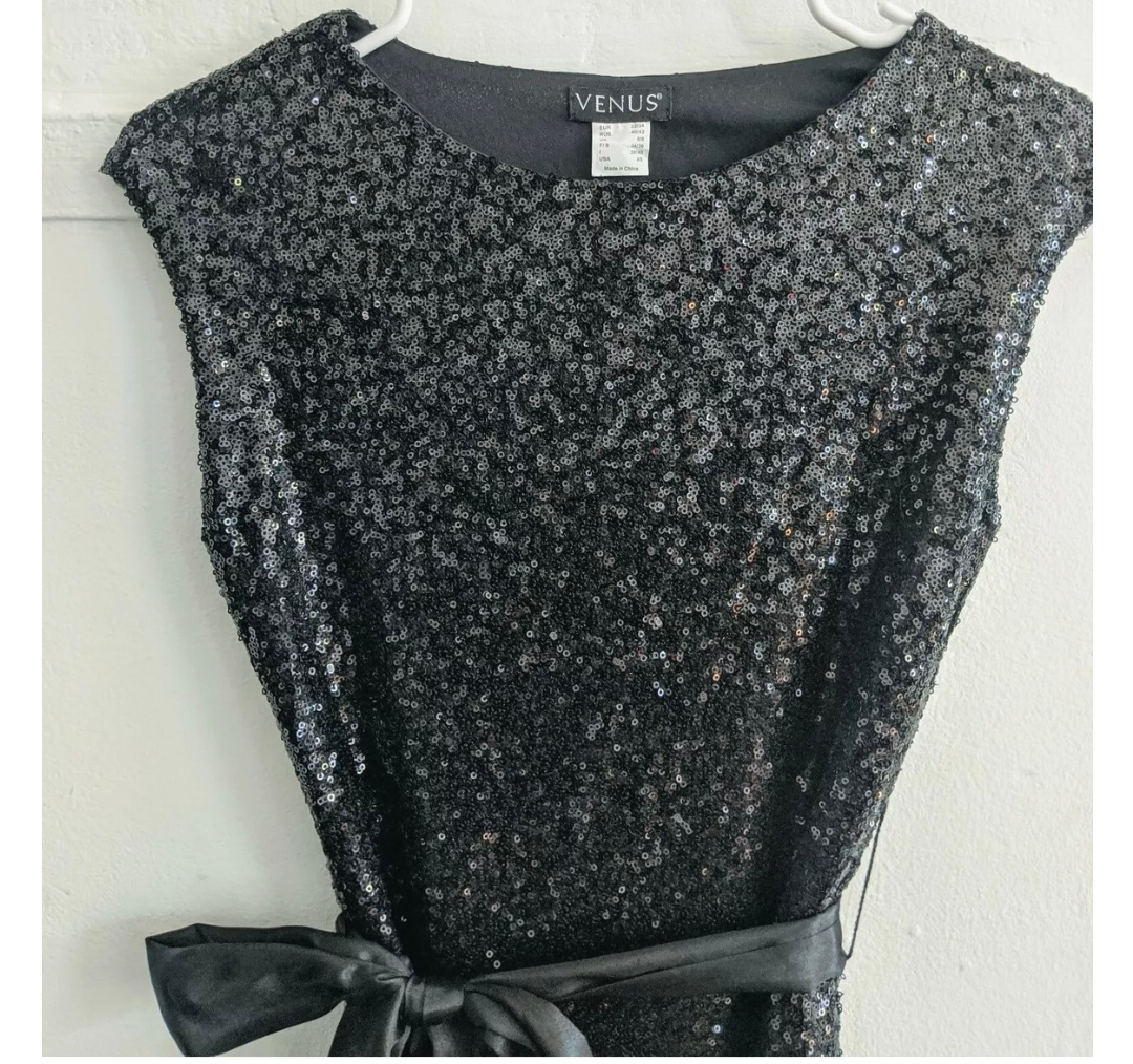 Black Sequin Dress with Satin Tie - photo 2