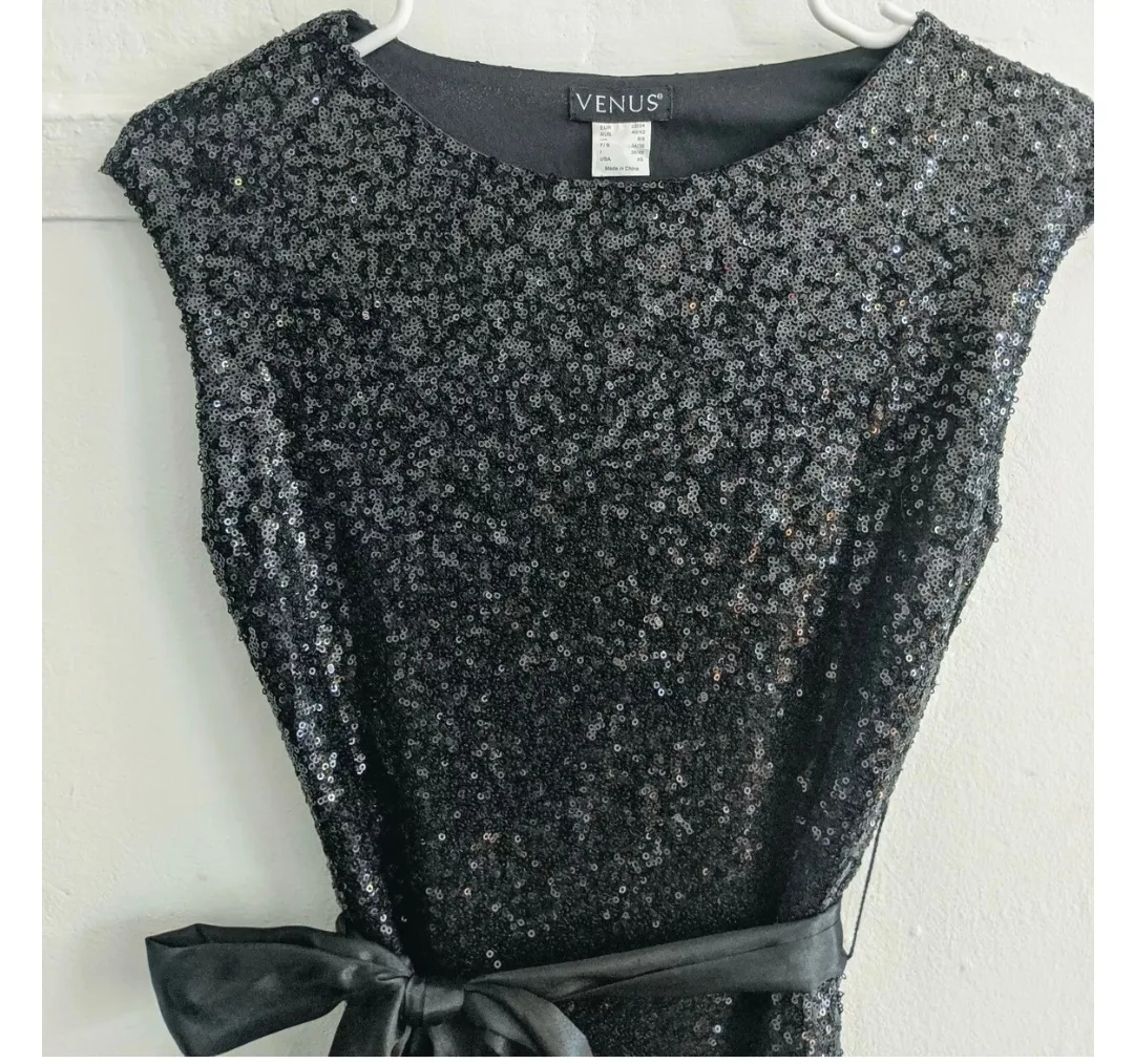 Black Sequin Dress with Satin Tie image indicator(2)
