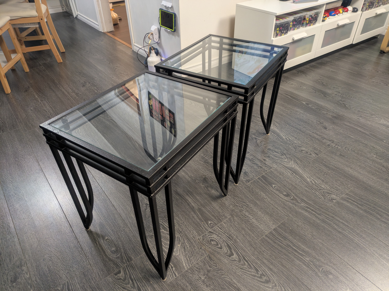 Set of 2 Table Glass Top with Black Metal Frame