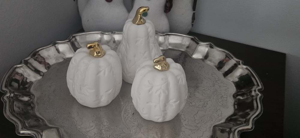 Set of 3 White Ceramic Pumpkins battery operated