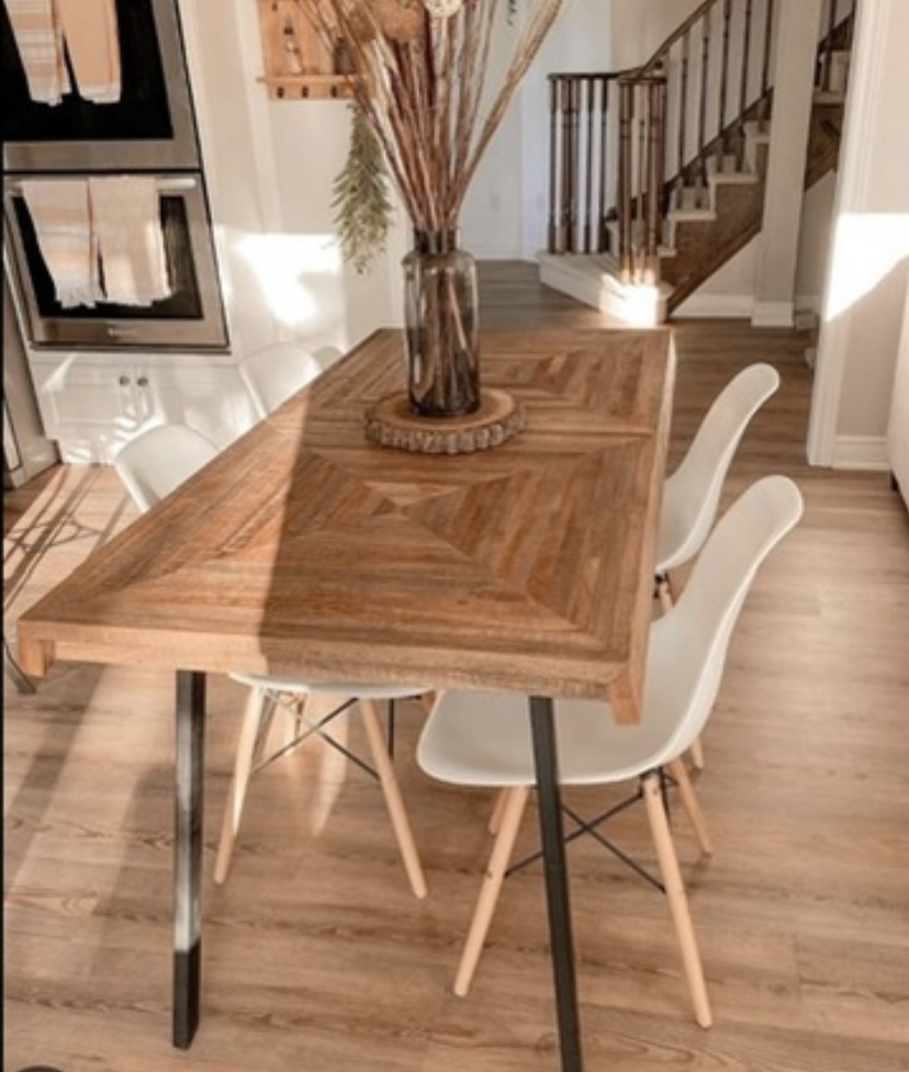 Can deliver—Stunning recycled teak table and 4 white chairs.