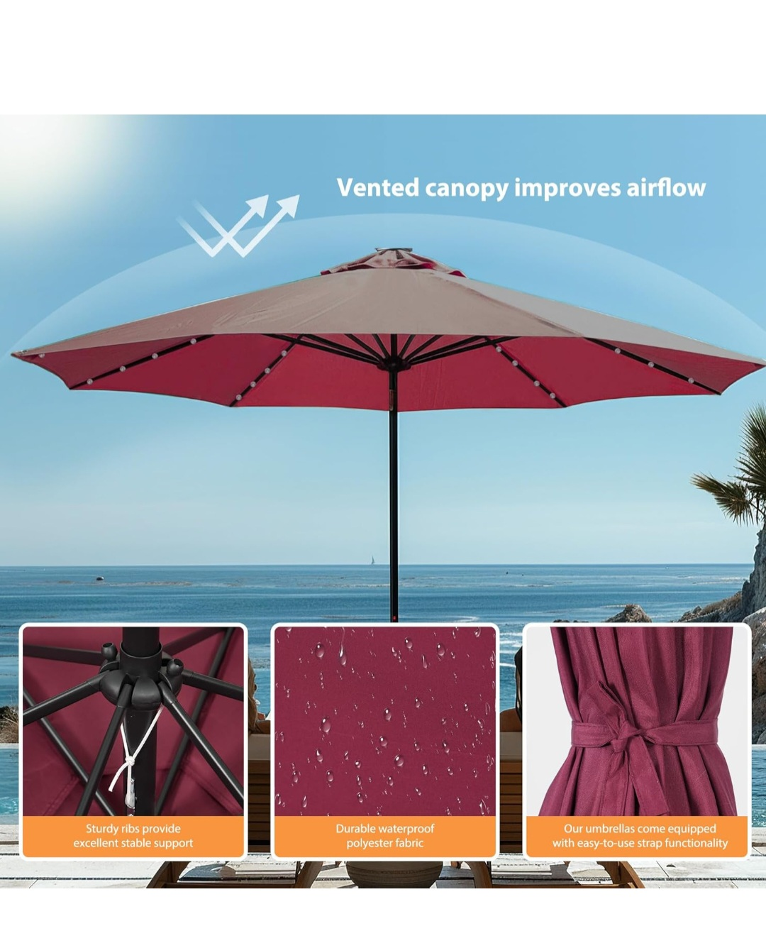9ft Patio Umbrella with Solar LED Lights - photo 5