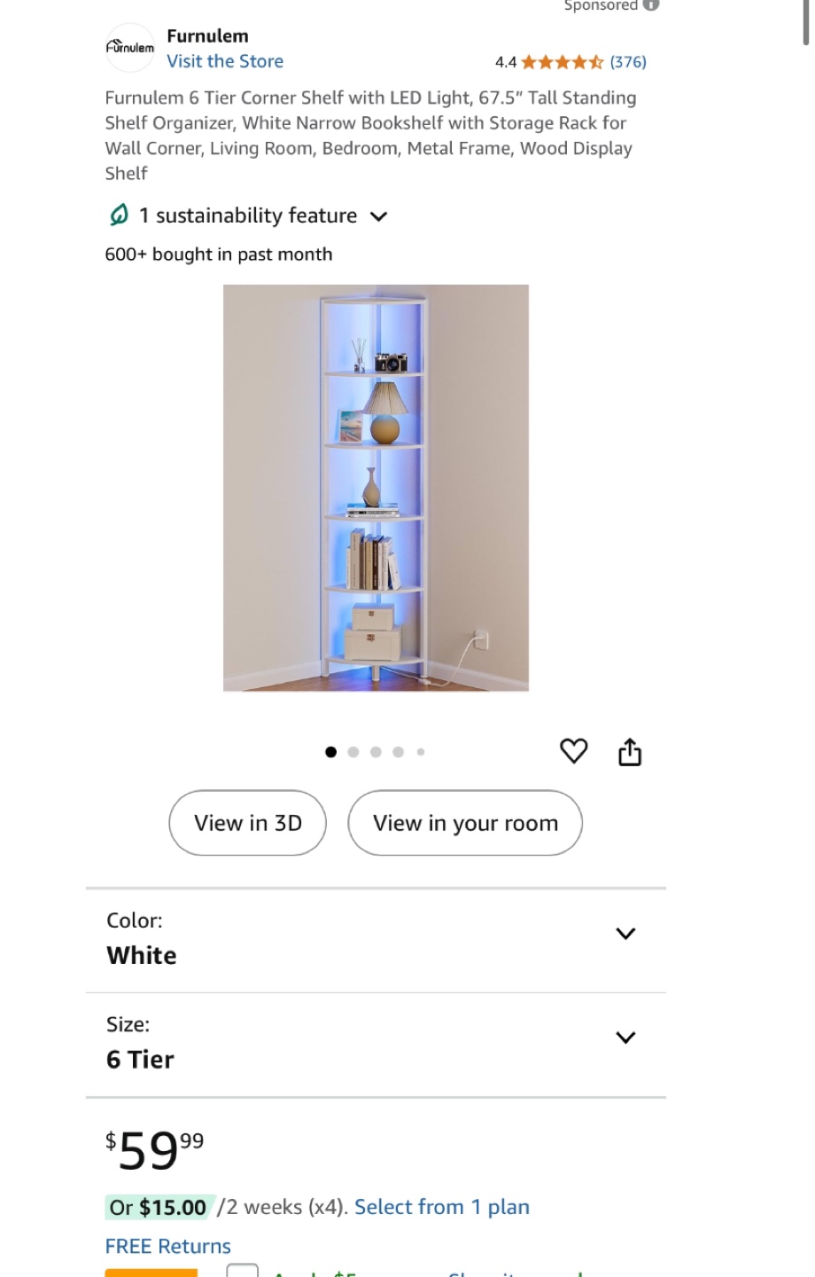 6 Tier Corner Shelf with LED Light - New - photo 5