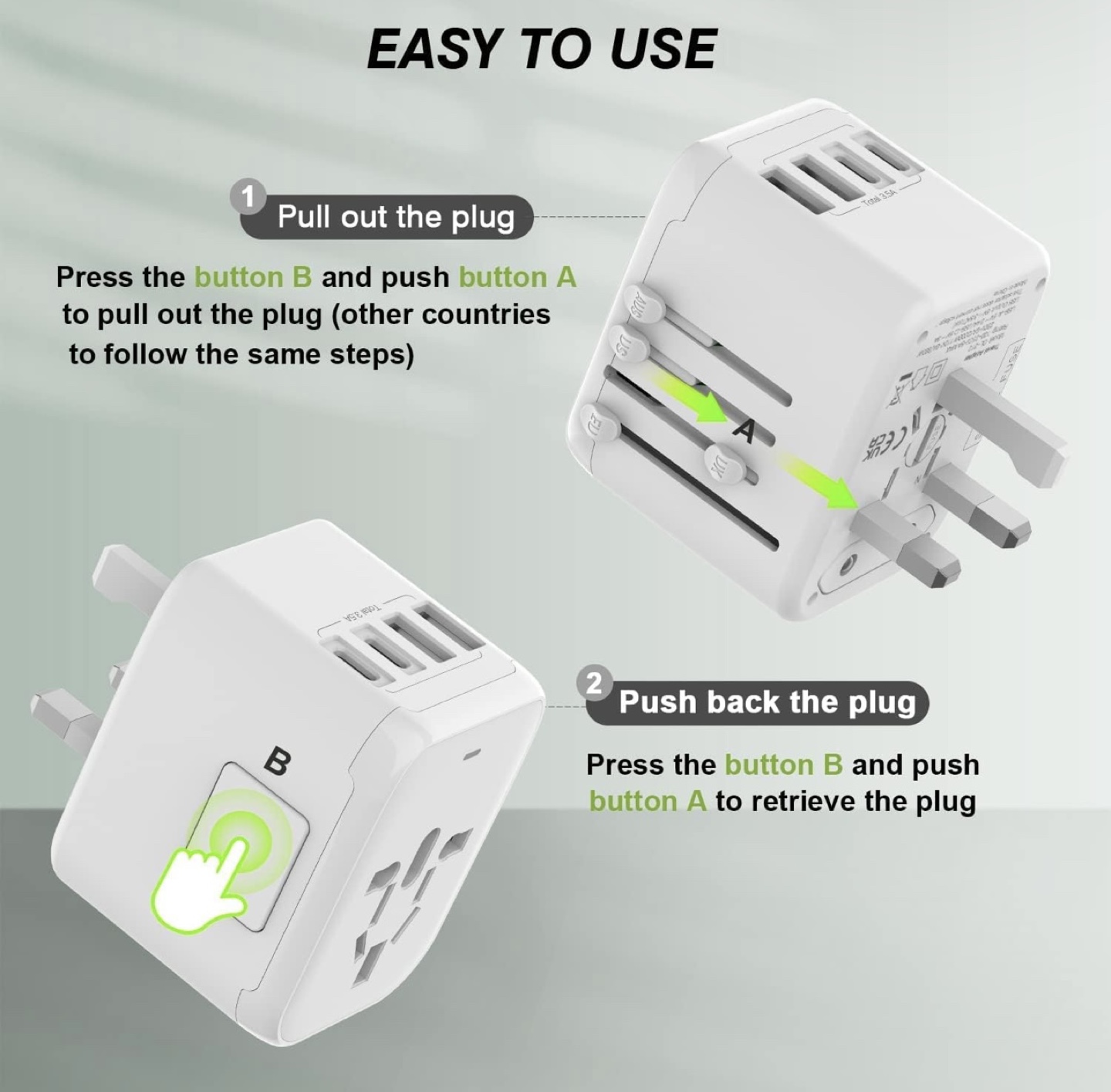 VYLEE Universal Travel Adapter with 2 USB Ports and Type-C Port - photo 4