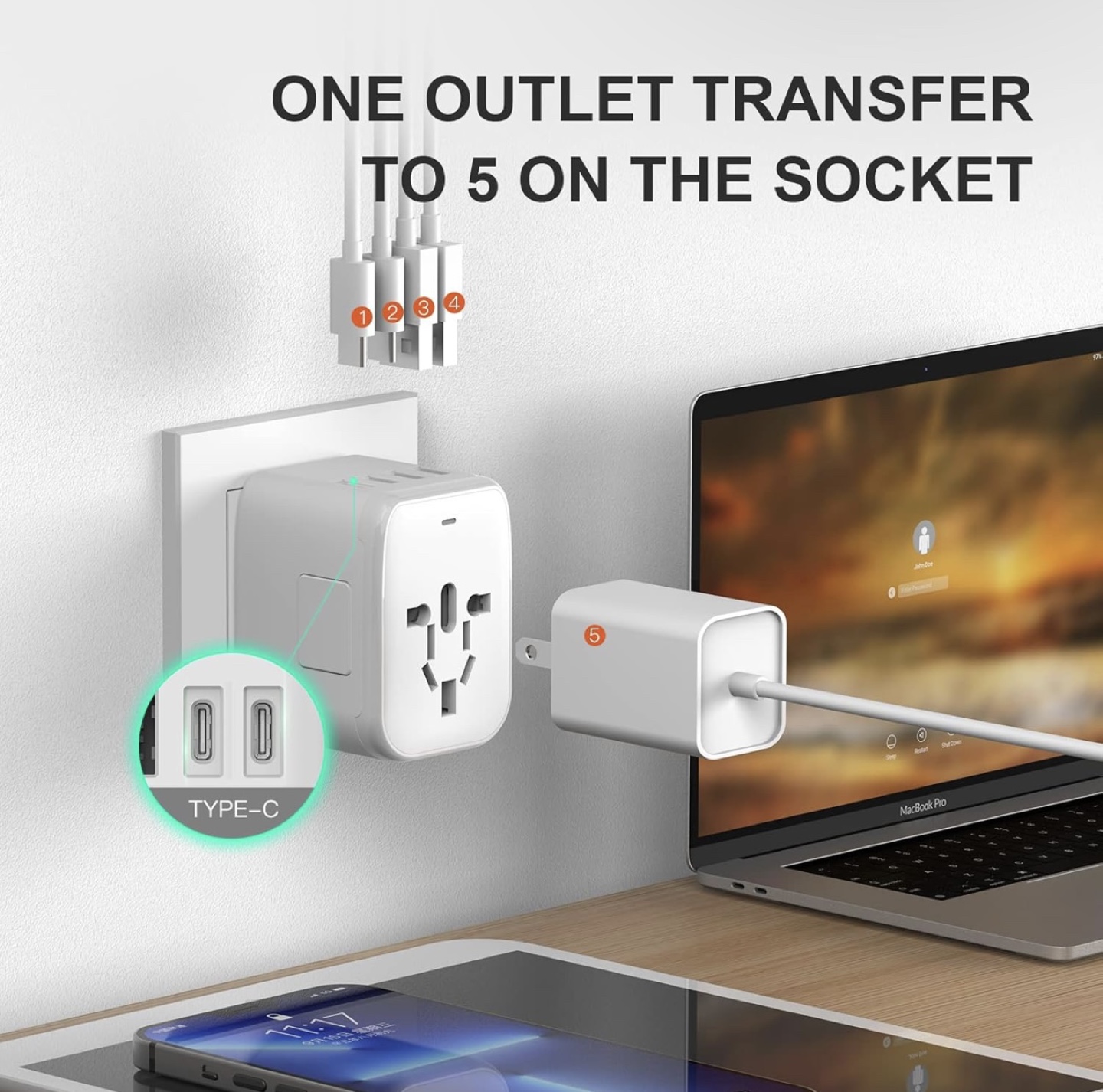 VYLEE Universal Travel Adapter with 2 USB Ports and Type-C Port - photo 2