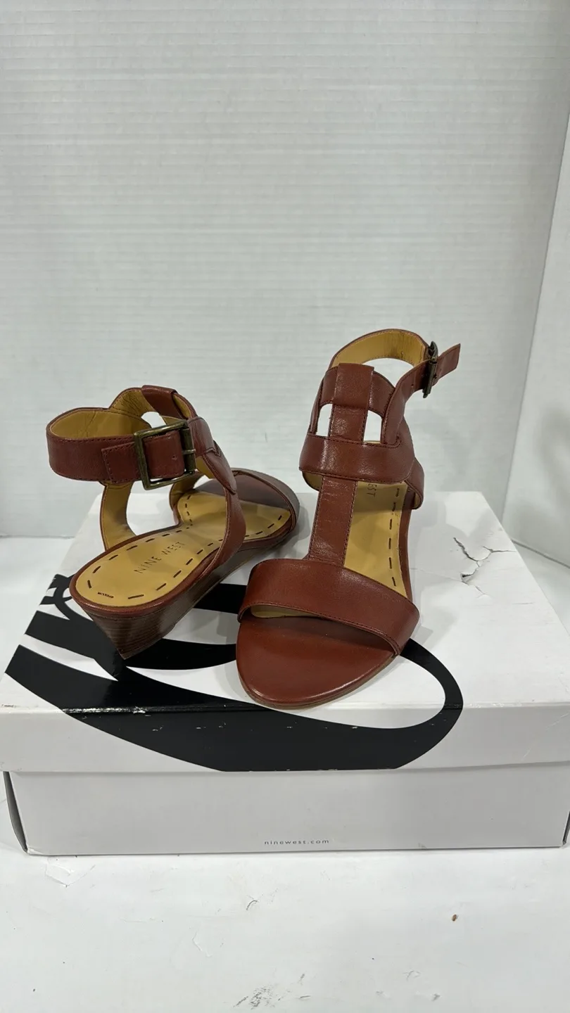 Nine West Brown Leather Wedge Sandals thumbnail