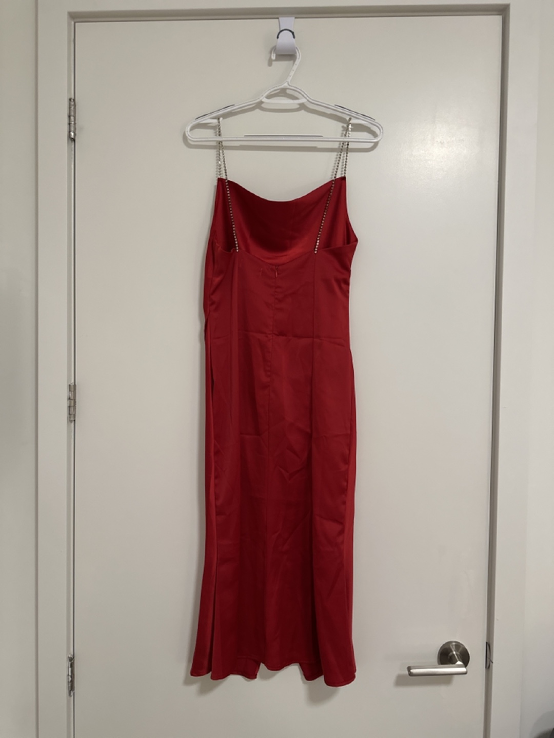 Red Satin Slip Dress with Rhinestone Straps - photo 3