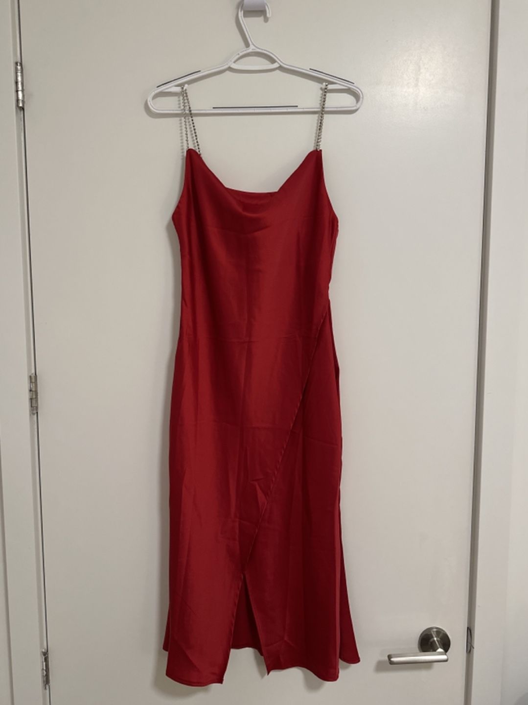 Red Satin Slip Dress with Rhinestone Straps