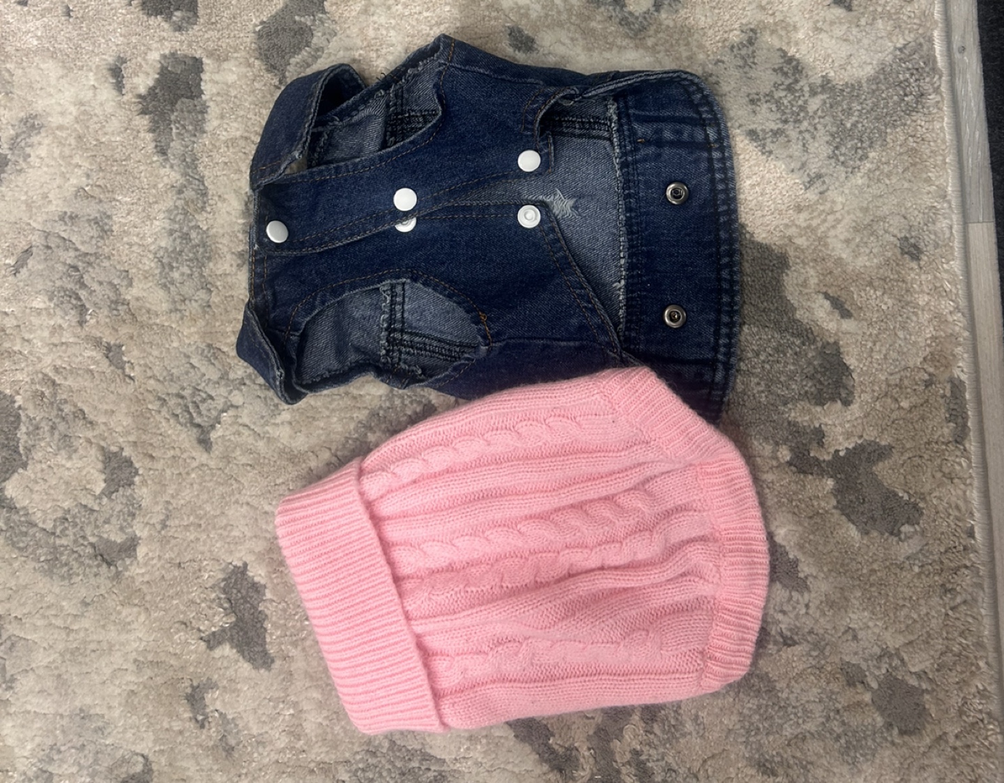 Dog Denim Vest and Pink Sweater