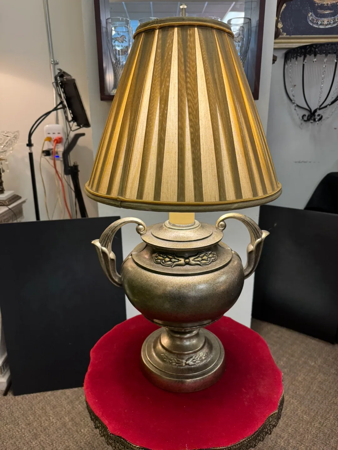 Antique Silver Gold Brass Table Lamp with Gold and Beige Shade image indicator(2)