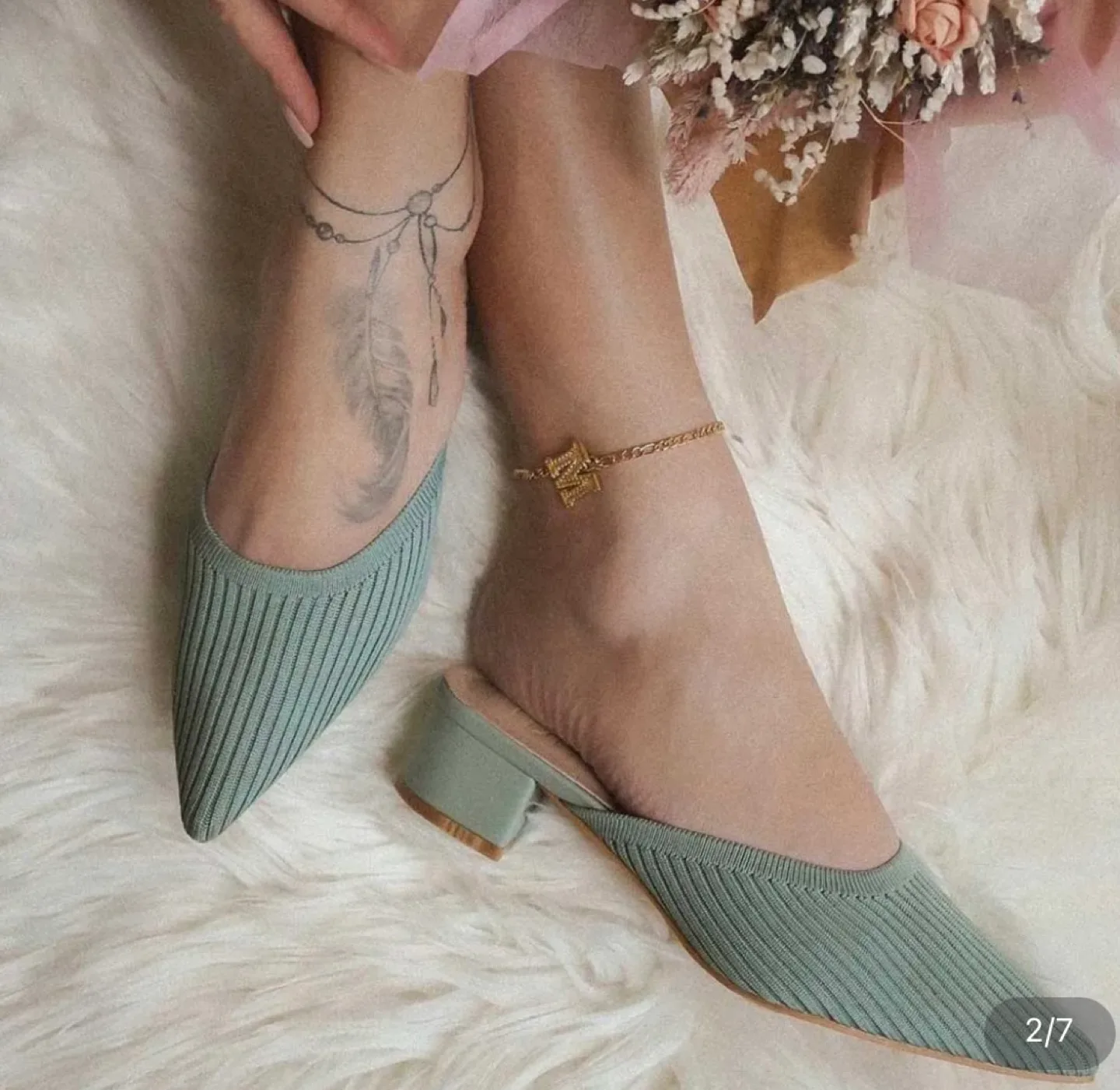 *NEW* TIJN Pointed Toe Heeled Mules sandals Sage Green image indicator(3)