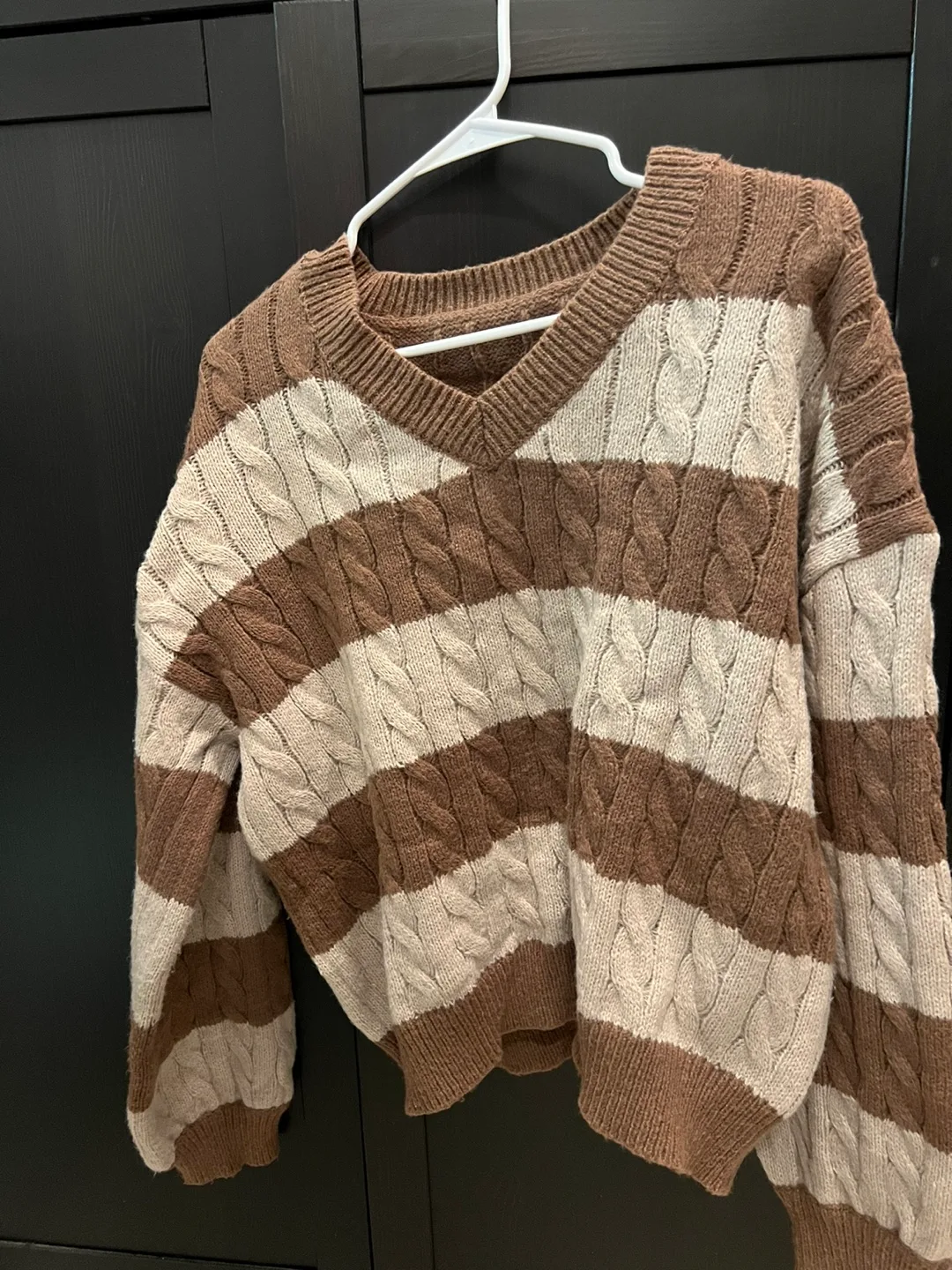 Brown and White Striped V-Neck Sweater thumbnail