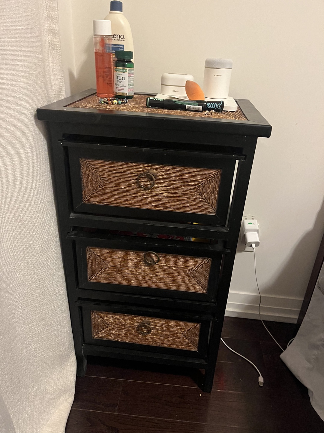 Black Wooden Nightstand with Wicker Drawers