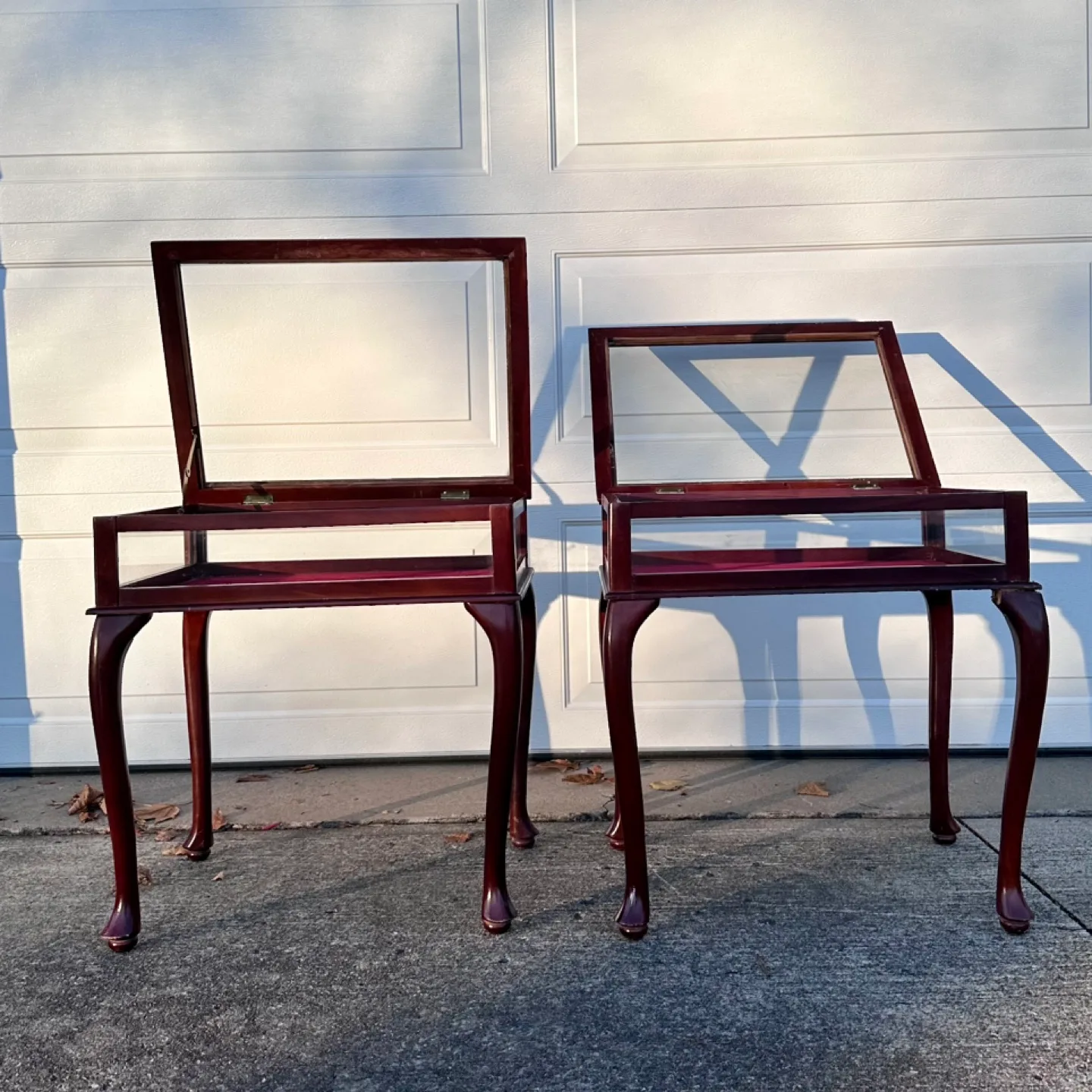 Antique Mahogany Queen Anne Style Curio Glass Top Side Tables image indicator(5)