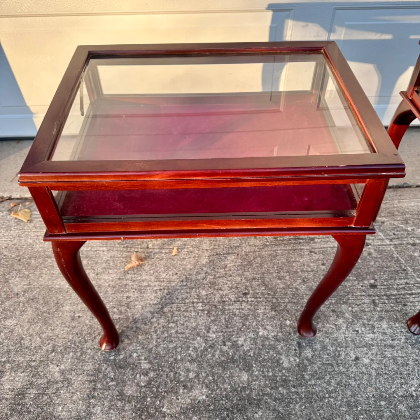 Antique Mahogany Queen Anne Style Curio Glass Top Side Tables image indicator(3)