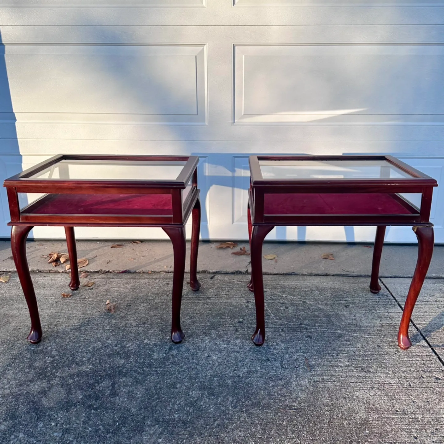 Antique Mahogany Queen Anne Style Curio Glass Top Side Tables image indicator(2)