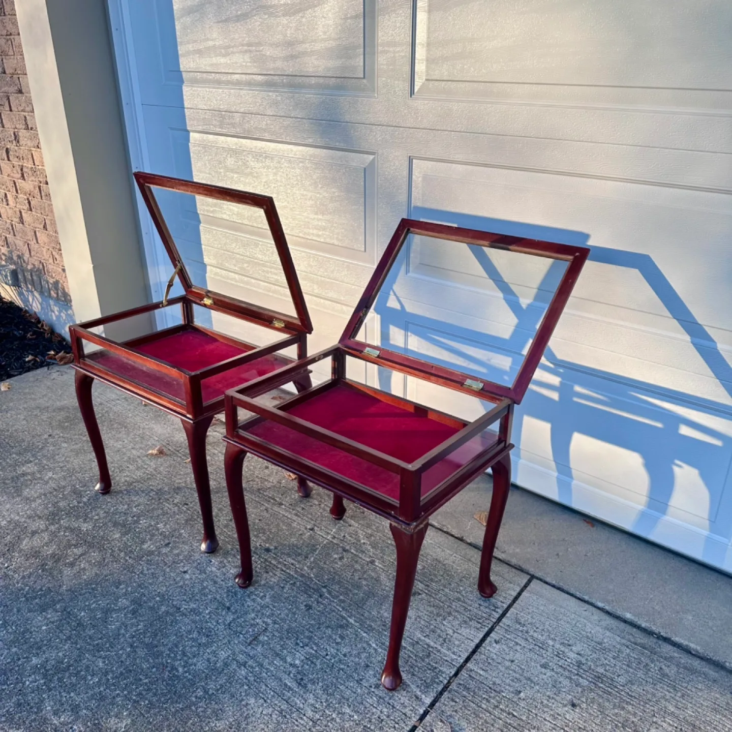 Antique Mahogany Queen Anne Style Curio Glass Top Side Tables image indicator(4)