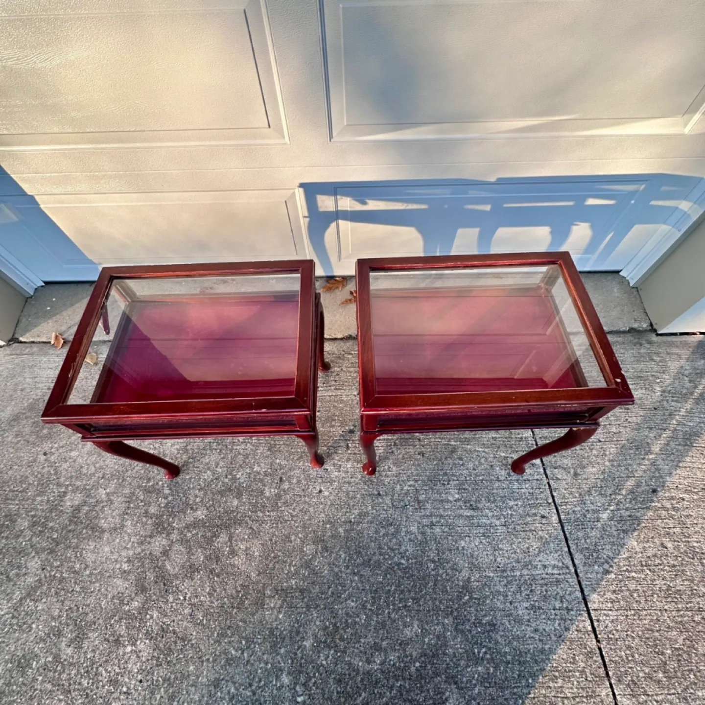 Antique Mahogany Queen Anne Style Curio Glass Top Side Tables image indicator(7)