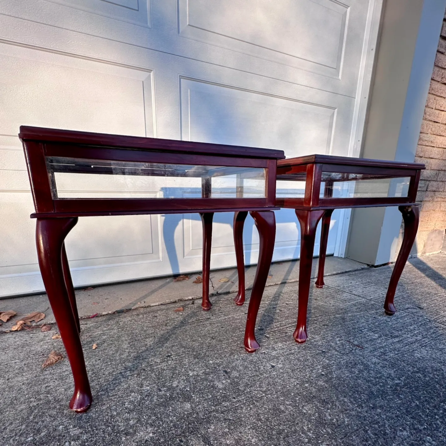 Antique Mahogany Queen Anne Style Curio Glass Top Side Tables image indicator(8)