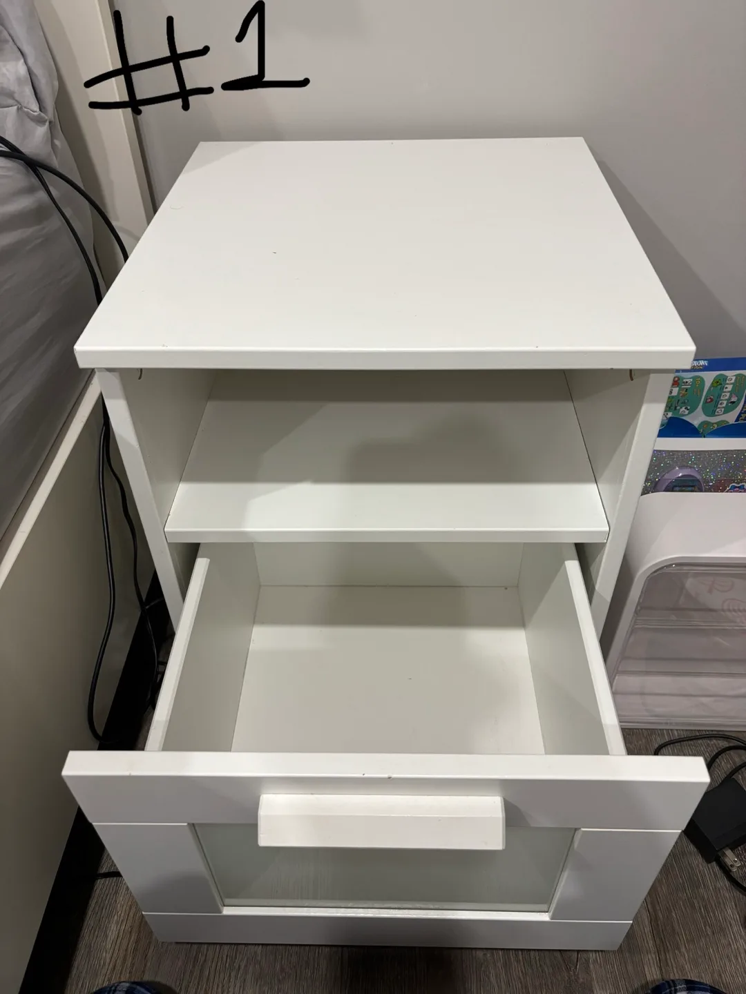 White Nightstand with Drawer and Shelf