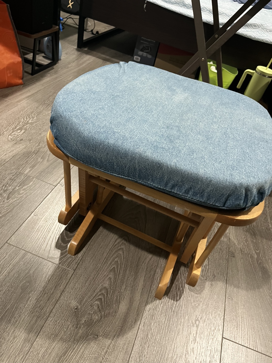 Wooden Rocking Stool with Denim Cushion