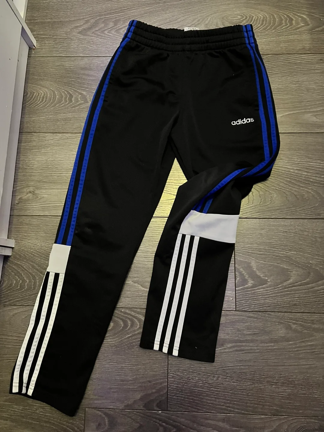 Adidas Black Track Pants with Blue & White Stripes #ThriftyPicks image indicator(3)