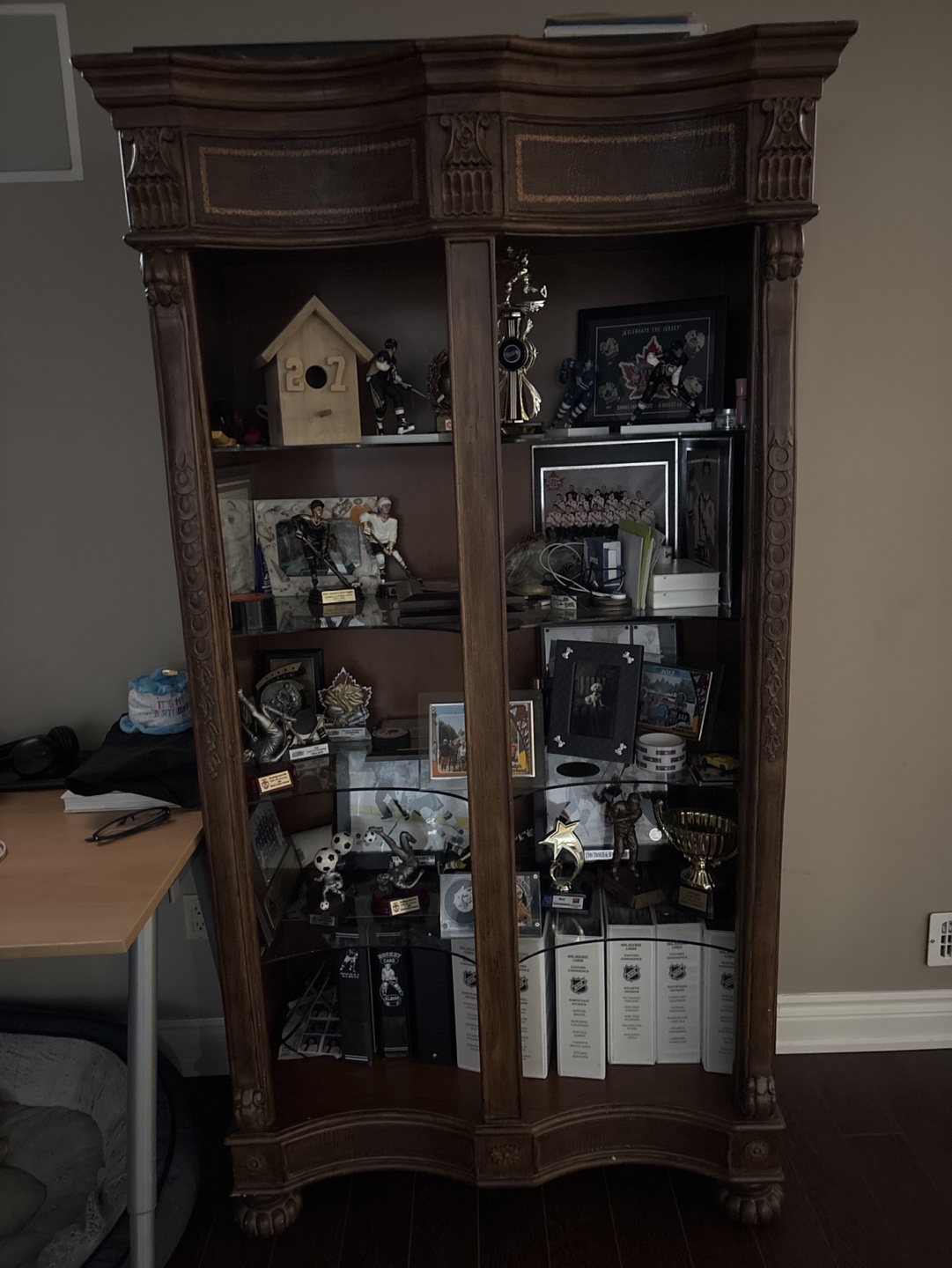 Large Wooden Bookcase with Glass Shelves