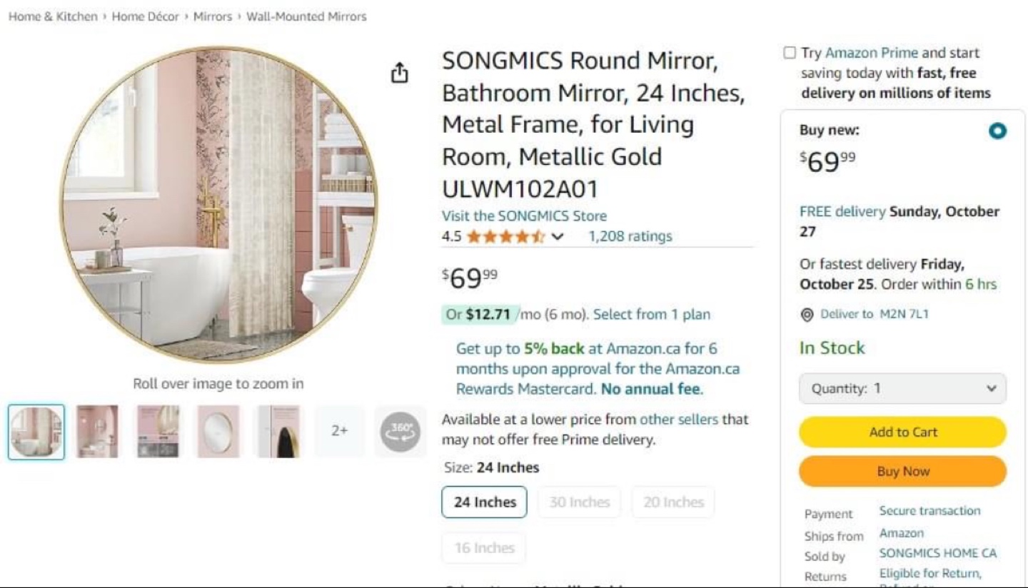 SONGMICS Round Mirror Metallic Gold Frame - photo 2