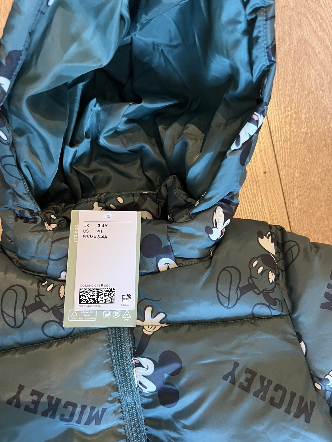 H&M Mickey Mouse Green Puffer Jacket - Size 3-4Y - photo 3